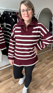 Stripe Zip Long Jumper - Wine