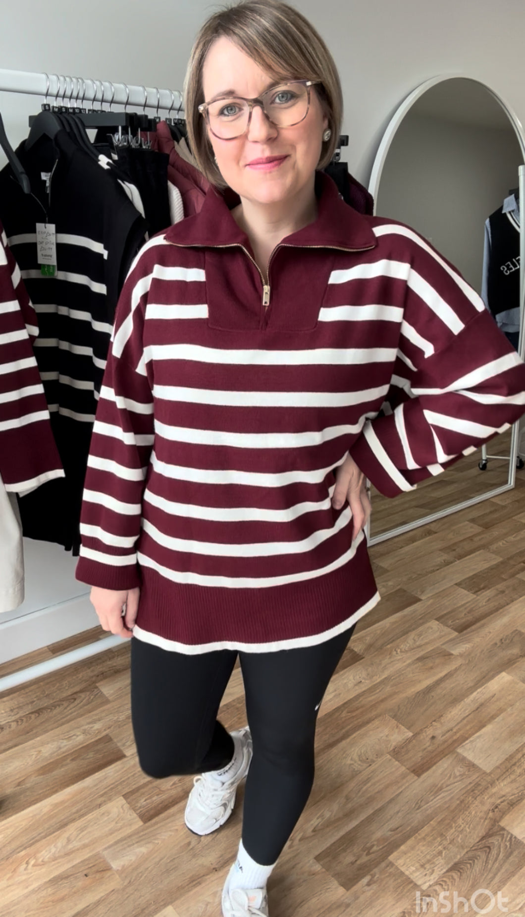 Stripe Zip Long Jumper - Wine